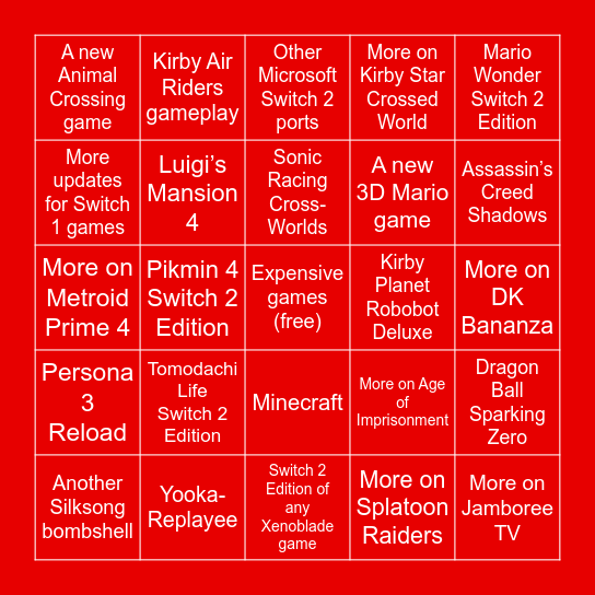 Switch 2 Direct June 2025 Bingo Card