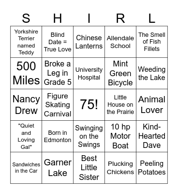 SHIRLEY Bingo Card