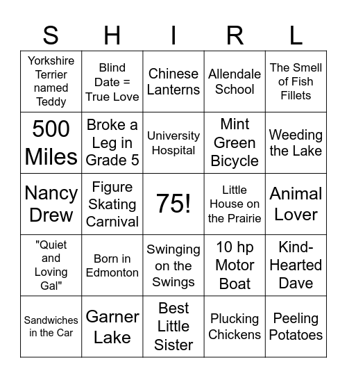 SHIRLEY Bingo Card