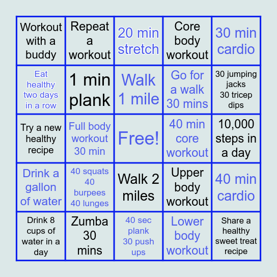 Summer Fitness Challenge Bingo Card