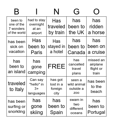 Travel Bingo! Bingo Card