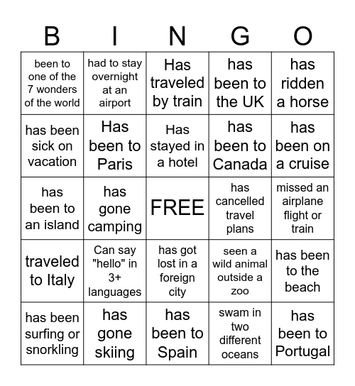 Travel Bingo! Bingo Card