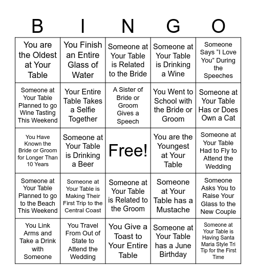 Meghan & Jeff Wedding Bingo Card
