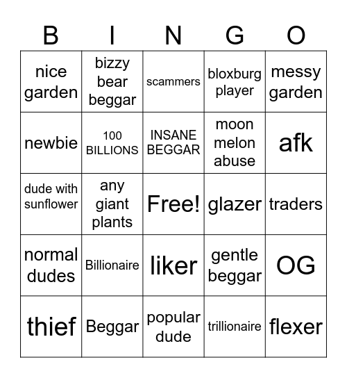 GROW A GARDEN BINGO ROBLOX Bingo Card