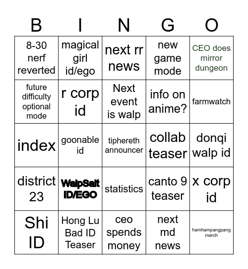 Livestream Bingo Card