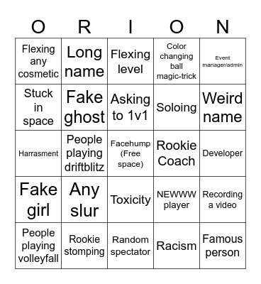 Orion Drift Bingo Card