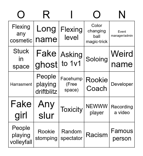 Orion Drift Bingo Card