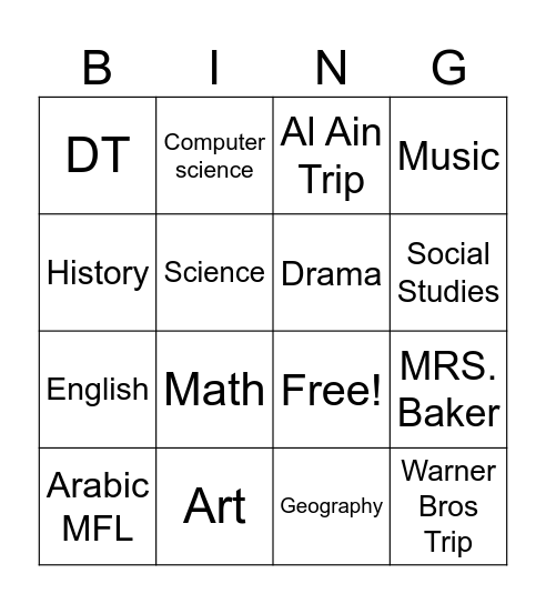 End of year7 BINGO Card