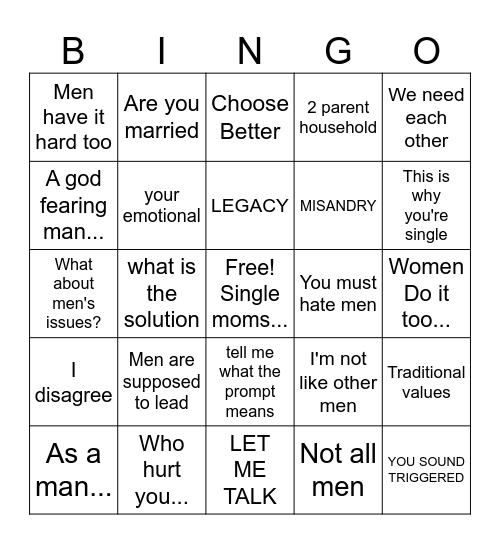 "What Men Say" Bingo Card Bingo Card