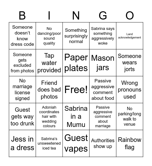 No Mercy Wedding Bingo Card