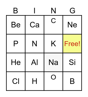 Periodic Table Bingo (First 20 Elements) Bingo Card