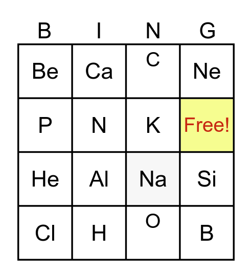 Periodic Table Bingo (First 20 Elements) Bingo Card