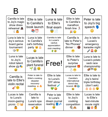 Lucas is late to Peter's dog's wedding 😬💍 Bingo Card