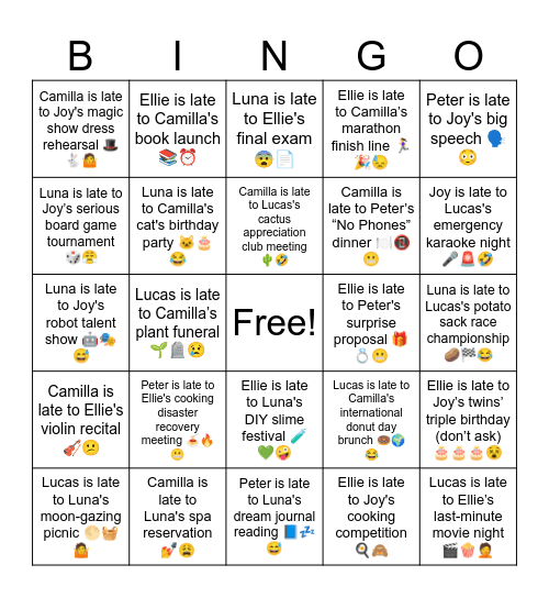 Lucas is late to Peter's dog's wedding 😬💍 Bingo Card