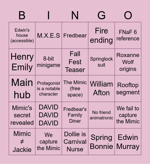Secret of the Mimic Bingo Card