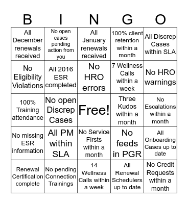 Client Services Bingo Card
