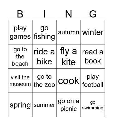 Seasons and summer activities Bingo Card