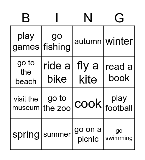 Seasons and summer activities Bingo Card