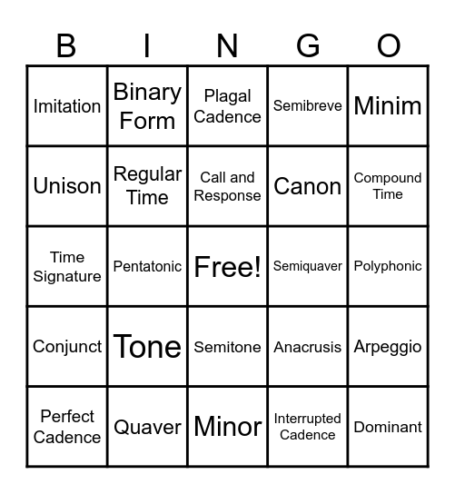 GCSE Music Bingo Card