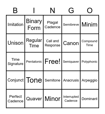 GCSE Music Bingo Card