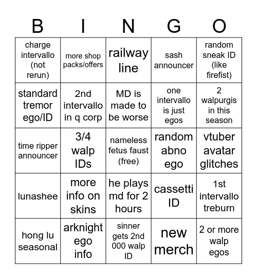 Limbus live stream bingo Card