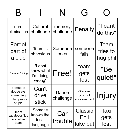 Ultimate Amazing Race Bingo Card