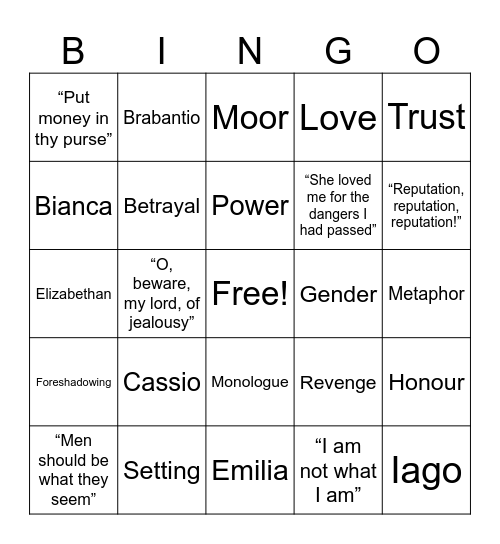 Othello Bingo Card