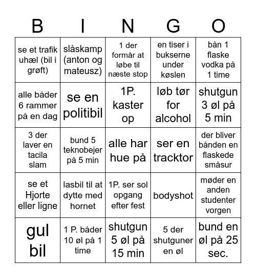 kørsel Bingo Card