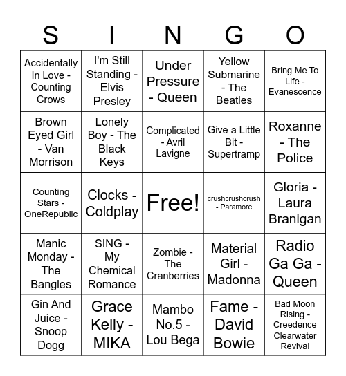 Musical Bingo Card