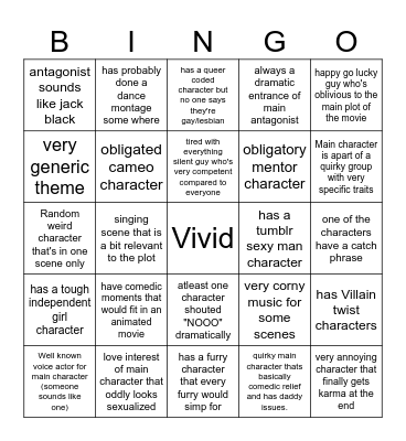 Kid-friendly animated movie trope bingo for discord servers Bingo Card