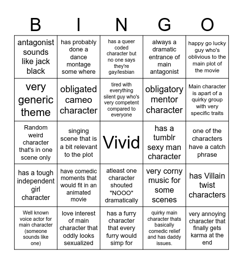 Kid-friendly animated movie trope bingo for discord servers Bingo Card