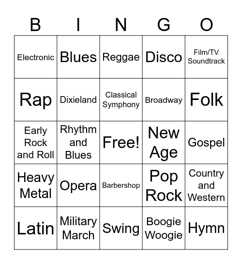 Music Styles Bingo Card
