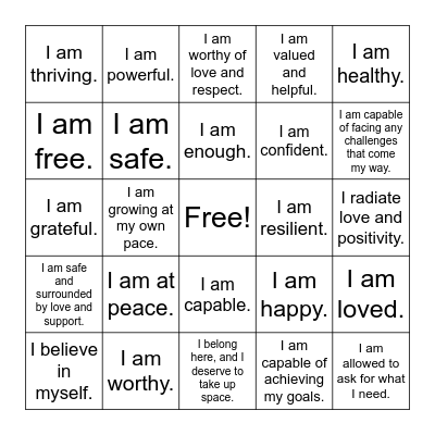 Positive Affirmation Bingo Card