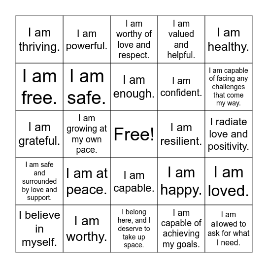 Positive Affirmation Bingo Card