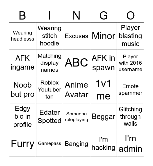 Roblox Bingo Card