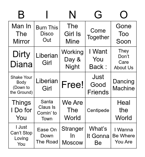 MJ Music Bingo Card