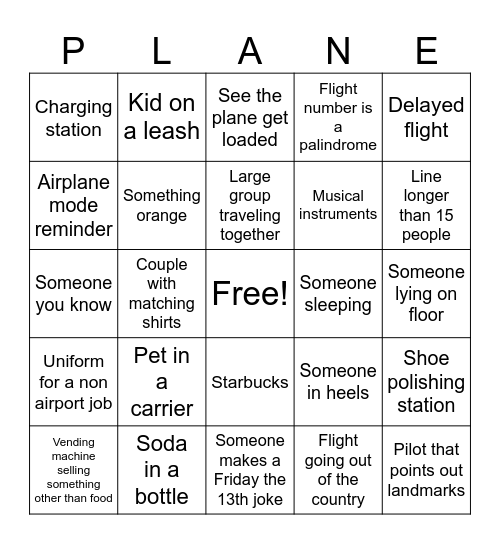 Airport Bingo Card