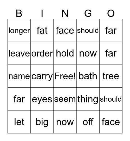 SIGHT WORDS Bingo Card