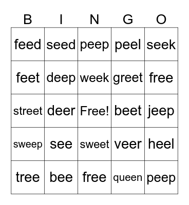 Long e (ee) Bingo Card