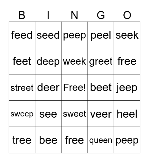 Long e (ee) Bingo Card