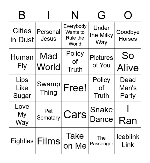 New Wave Bingo Card