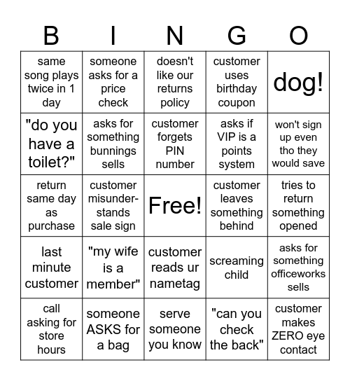 retail bingo Card