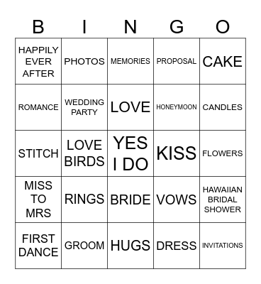 JANINE'S BRIDAL SHOWER Bingo Card