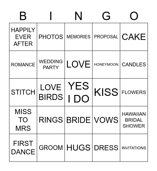 JANINE'S BRIDAL SHOWER Bingo Card