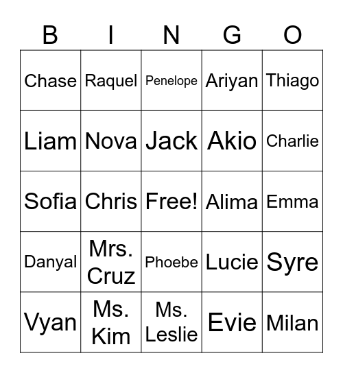 Room 2 Bingo Card