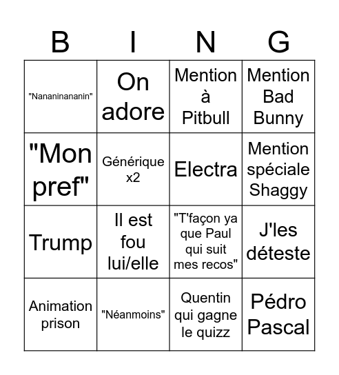 Crab Show Bingo Card