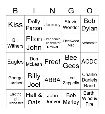 70's Artists Bingo Card