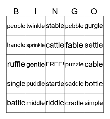 "Cle" Syllabification Rule  Bingo Card