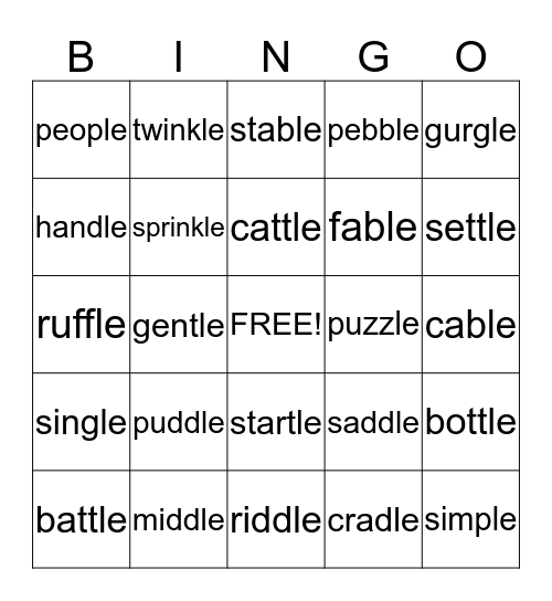 "Cle" Syllabification Rule  Bingo Card