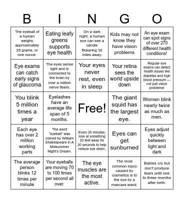 Eye Facts Bingo Card